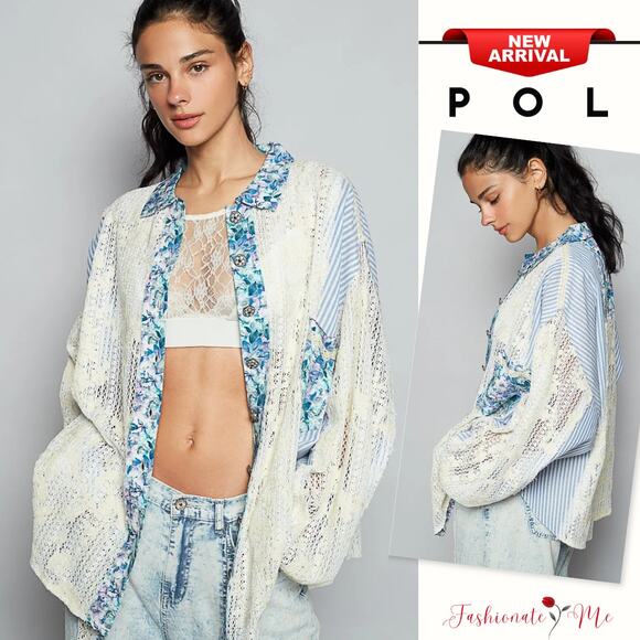 POL Floral & Striped Pattern Lace Detail Long Sleeves Oversized Shirt | Cerulean - Picture 1 of 5